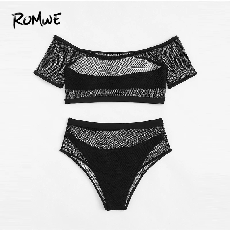Romwe, спортивные черные сетчатые комплекты из двух предметов с открытыми плечами, 4 пары в упаковке, женские белые пляжные купальники с высокой талией без косточек