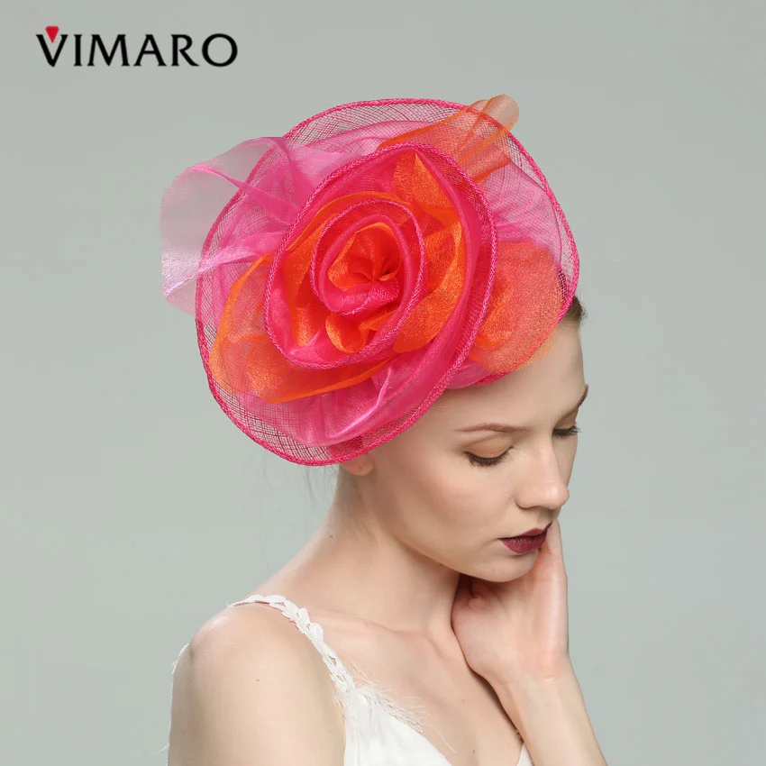 VIMARO Fuchsia And Orange Sinamay Wedding Fascinator Party Hair Accessories For Women Jewelry Hairbands Headpiece Church | Украшения и