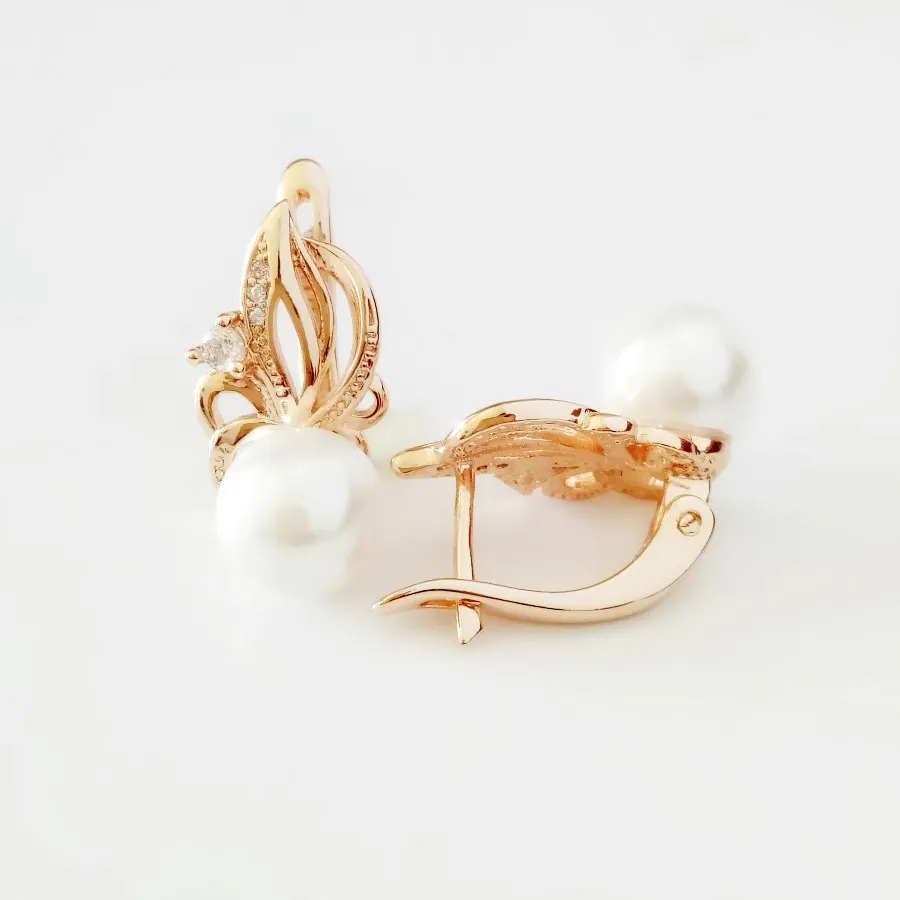 Женские серьги подвески с жемчугом розовое золото 585 пробы|Серьги-подвески| |