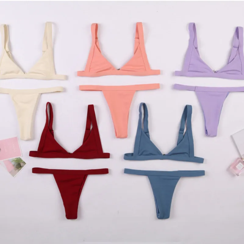 Womens Triangle Bikini Set Solid Color Stretch Slim Swimwear Swimsuit Push Up Padded High Waist Bottom Beach Bathing Suit
