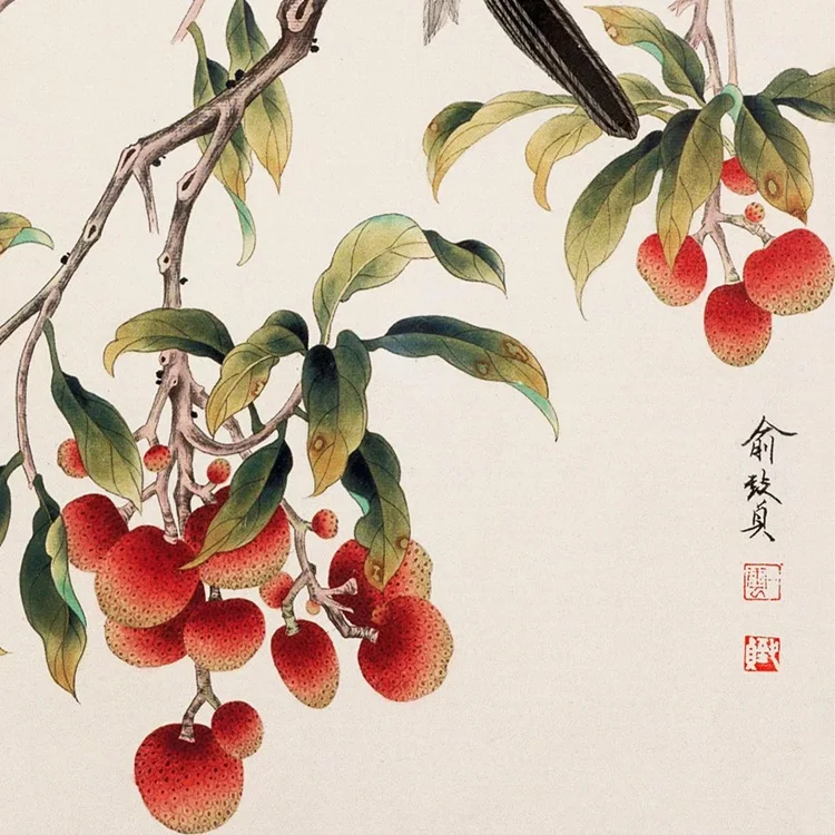 Картина на холсте в раме с изображением китайского шелкового акварельного цветка и птицы "Ориол" на фоне деревьев личи и личи.