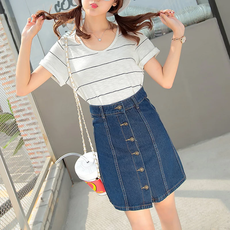 Новая знаменитая однобортная джинсовая юбка для женщин 2019 хлопок выше колена
