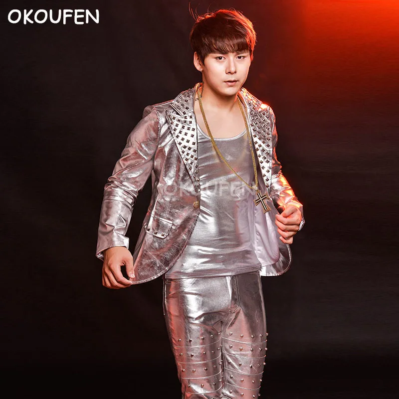 Men Fashion Rivets Silver Motorcycle Leather Jacket Stage Show Pants Dance nightclub singer DJ Korean style performance set |