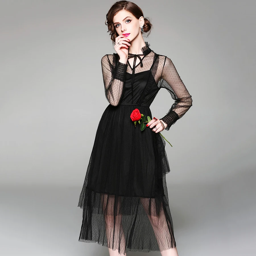 Лоскутное летнее Сетчатое платье с длинным рукавом 2018 Новые Модные женские