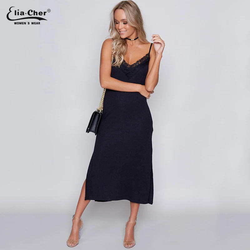 Женское платье на бретелях-спагетти элегантное однотонное длинное без рукавов