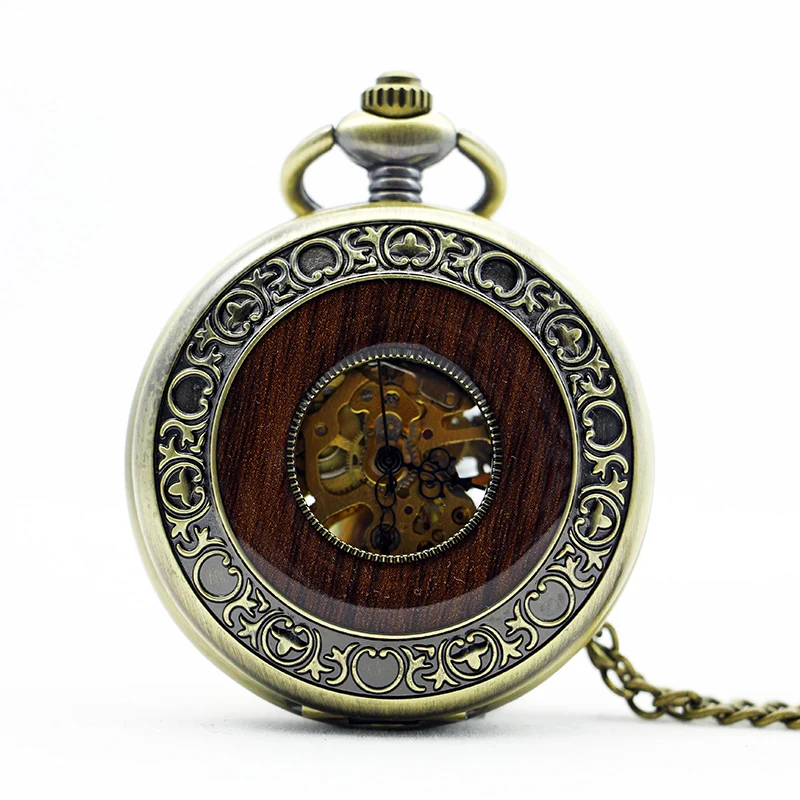 Steampunk Manual Clockwork Vintage Mechanical Pocket Watch Elegant Men Fob Chain Watch Special Wood Hollow Clock Gift