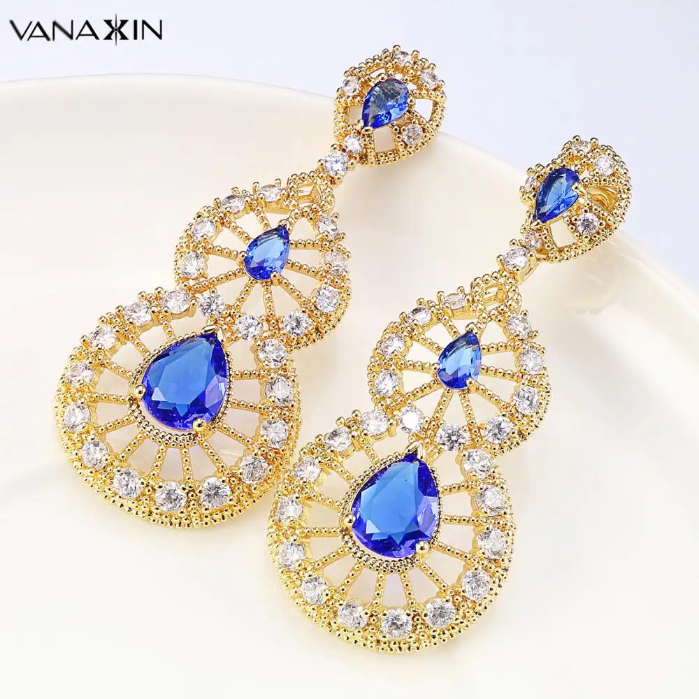 

VANAXIN Earrings For Women AAA Cubic Zircon Jewelry Drop Earrings Statement Design Bohemian Style Blue CZ Piercing Brincos Gift