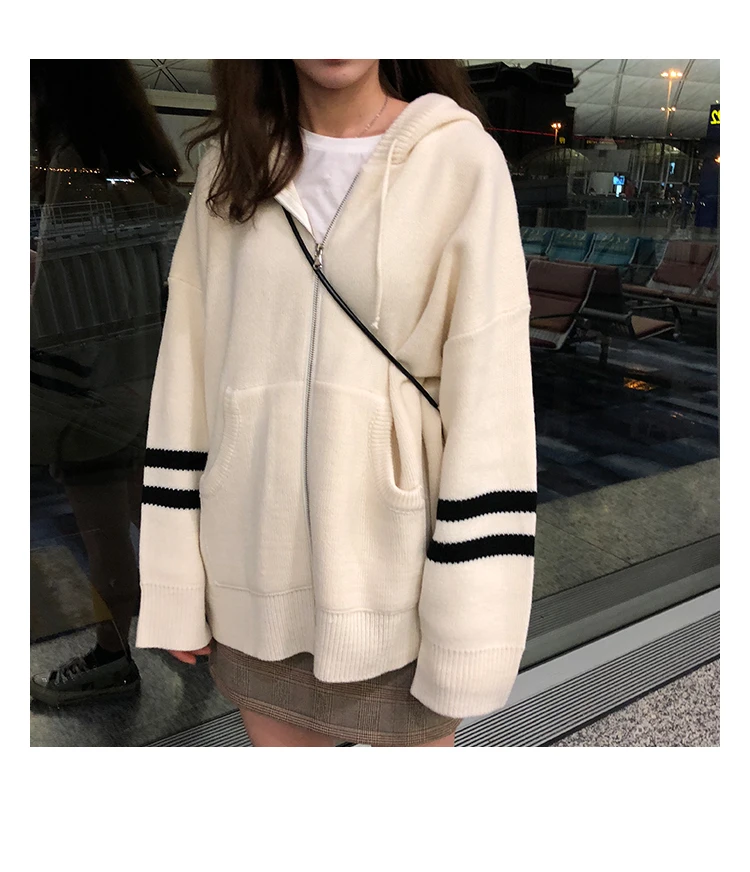 Woherb Harajuku Knitted Cardigan Women Korean Style Modis Striped Print Hooded Sweater Coat Girls Casual Runway Sweaters