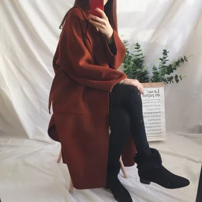 Autumn winter woolen coat women Loose Large size wool coats female Belt slim long Basic coats Both sides of the slit jacket N332