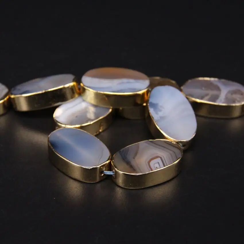 11pcs Natural Grey Marine Agates Flat Oval Slice Beads Plating Gold Edged Gems Stone Slab Pendants Bracelets Jewelry Making | Украшения и