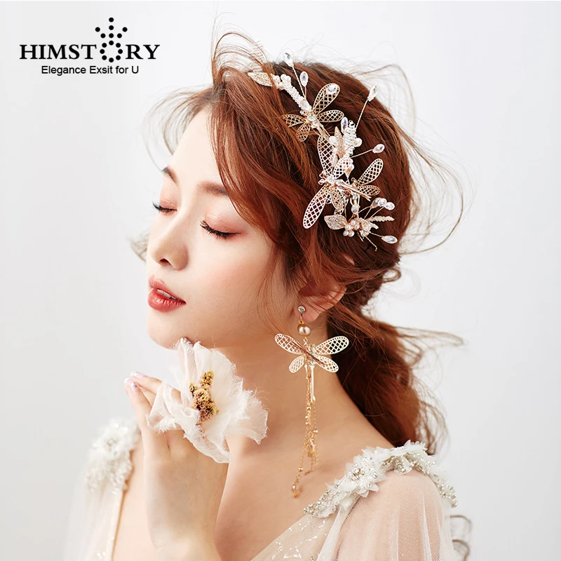 

HIMSTORY Elegane Lovely Dragonfly Designs Wedding Hairband Tiaras Bridal Woman Pearl Headpiece Hair Jewelry Accessories