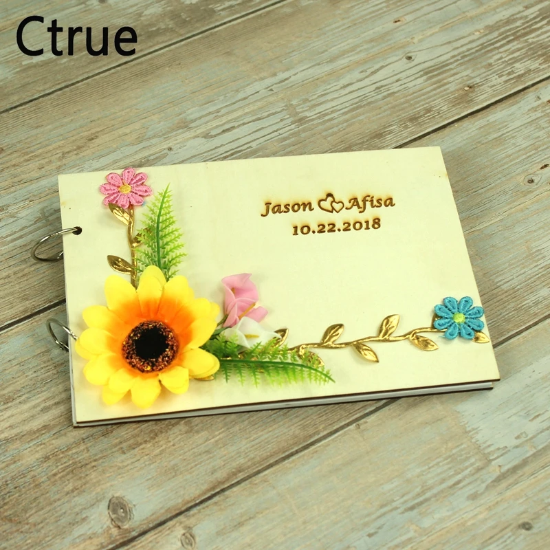 

21.5X15cm Custom names Wedding Guest Book with Sunflower Rustic Wooden Wedding decoration Wooden Personalised Guestbook