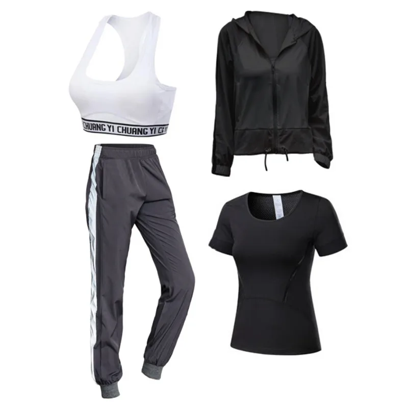 Лоскутные Светоотражающие штаны+ бюстгальтер+ сексуальный бюстгальтер+ пальто для женщин, для улицы, Быстросохнущий комплект из 4 предметов, одежда для фитнеса, спортзала, йоги, женские комплекты спортивной одежды