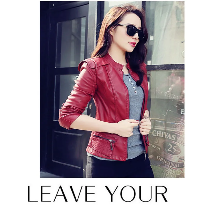 Осень Искусственная Кожа Куртка Тонкий Короткие Дизайн Мотоцикла Женщины