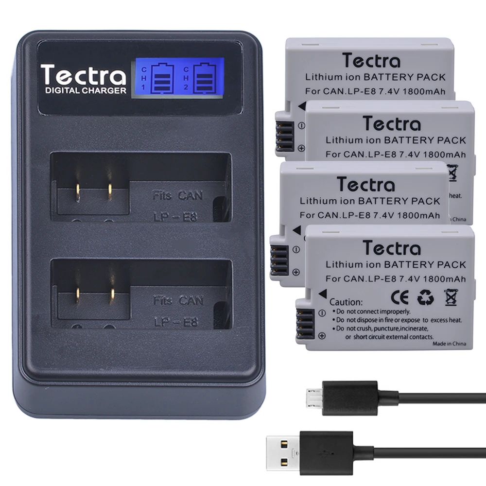 Tectra 4PCS LP E8 LPE8 7 4 V/1800mAh литий ионный аккумулятор + LCD USB двойное зарядное устройство