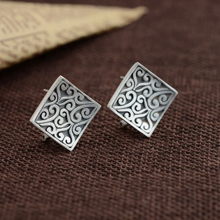 Серьги из серебра 925 для Для женщин ювелирные изделия Винтаж boucle d'oreille S925 стерлингового серебра узор квадратная серьга