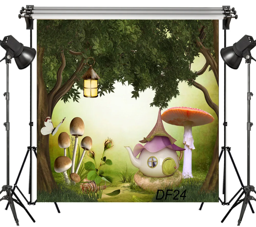 

LB Vinyl Fairytale Teapot Shaped House Mushroom 8X8FT Children Studio Backdrop Photography Photo Props Photographic Background