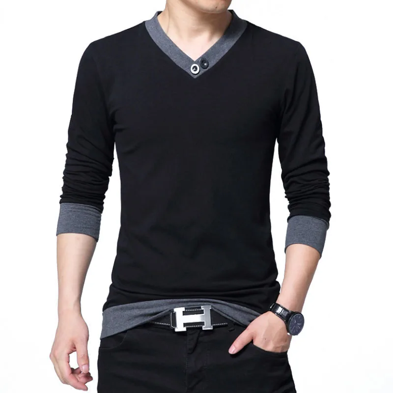 Черная футболка с длинным рукавом мужская 2019 новый бренд контрастного цвета Slim Fit