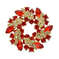 gold tone unique style red rhinestone crystal wreath corsage brooch