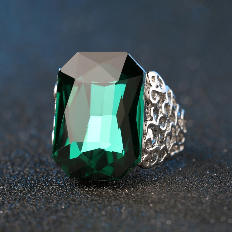 Женские большие кольца из зеленого стекла уникальные обручальные серебряного