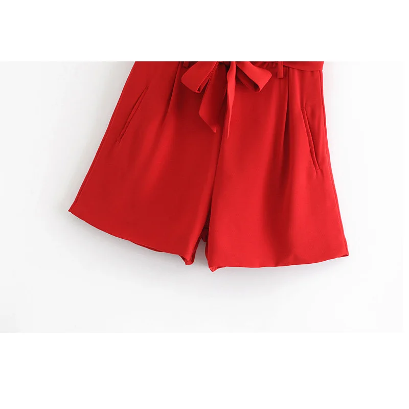 

2019 women's summer new solid color bow belt shorts fashion high waist small wide leg Red gray elegant noble women's