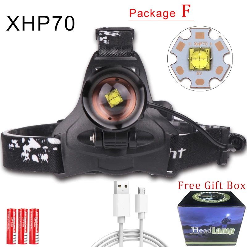 Package F Мощный светодиодный налобный светильник XHP70, масштабируемый налобный фонарь, водонепроницаемый налобный фонарь XHP70 XHP50, налобный светильник, налобный светильник со вспышкой 18650 - Испускаемый цвет: Package F