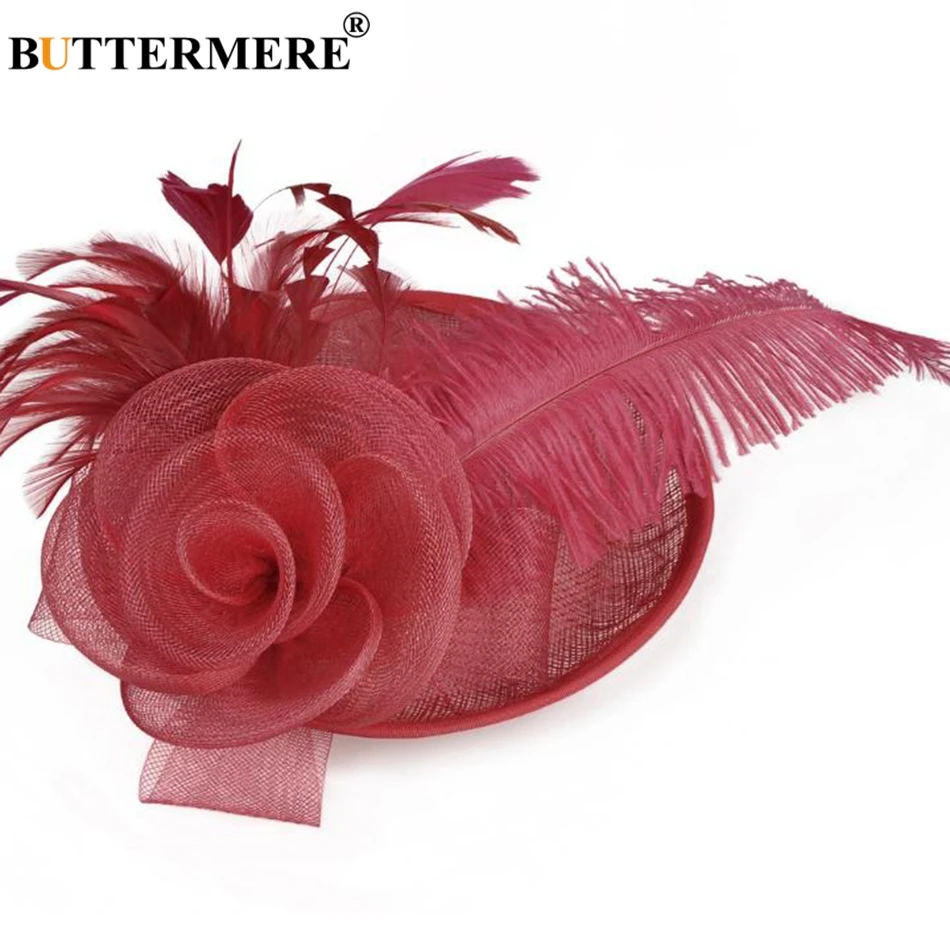 burgundy fedora BUTTERMERE, женские вечерние шляпы, кофейные, женские, перо, Элегантная кепка, цветок, сетка, шляпка невесты, танцевальная мода, Свадебные шляпы, белые, синие - Цвет: burgundy fedora