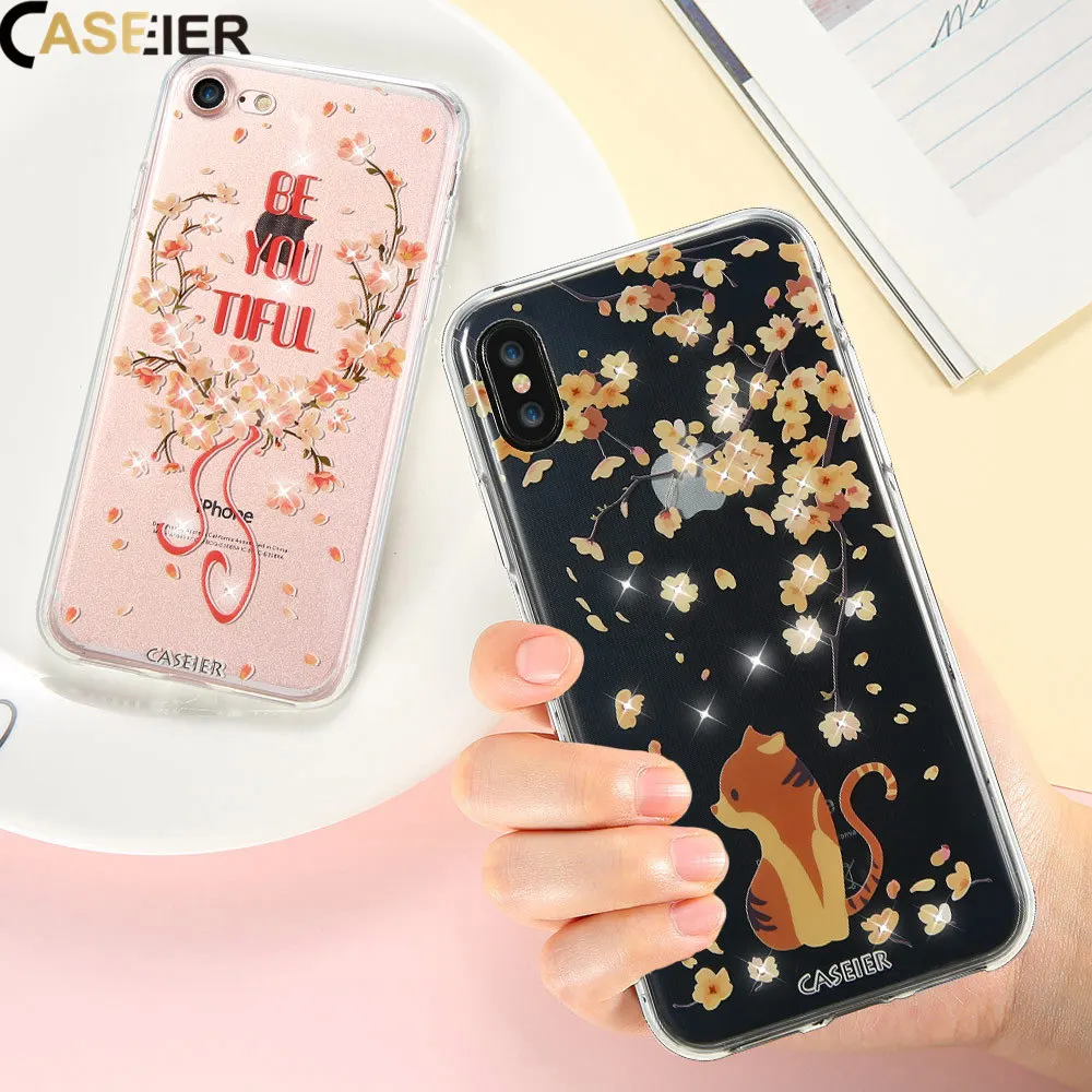 CASEIER чехол с милым котом для iPhone 6 6s 7 8 Plus мягкий силиконовый блестящими