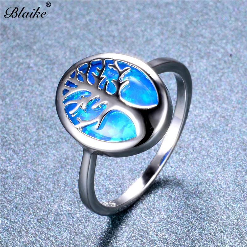 Blaike Luxury Blue/White Fire Opal Cute Life Tree Rings For Women Men 925 Sterling Silver Birthstone Fine Jewelry Graduate Gift