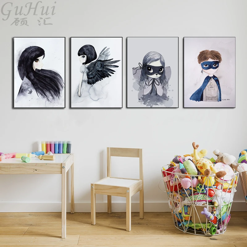 Скандинавский цвет мультфильм волк мальчик и маска качели кролик девочка ангел