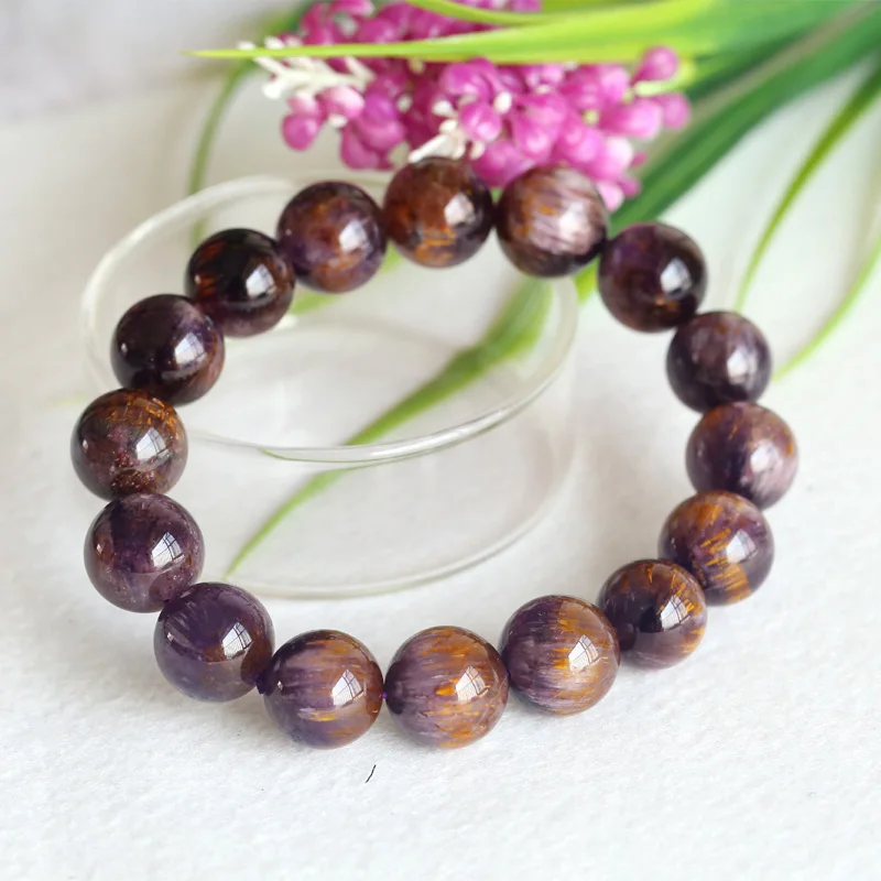 

Natural Genuine Gold Purple Titanium Cacoxenite Finish Stretch Men Bracelet Round Big Beads 13mm
