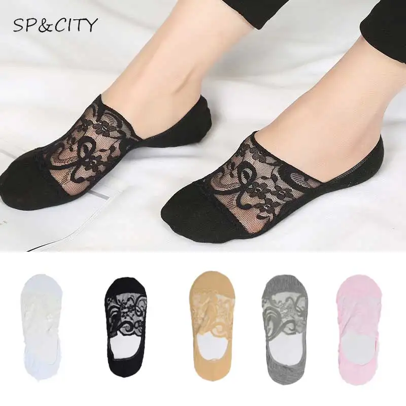 Модные женские кружевные носки башмачки мягкие хлопковые короткие незаметные на