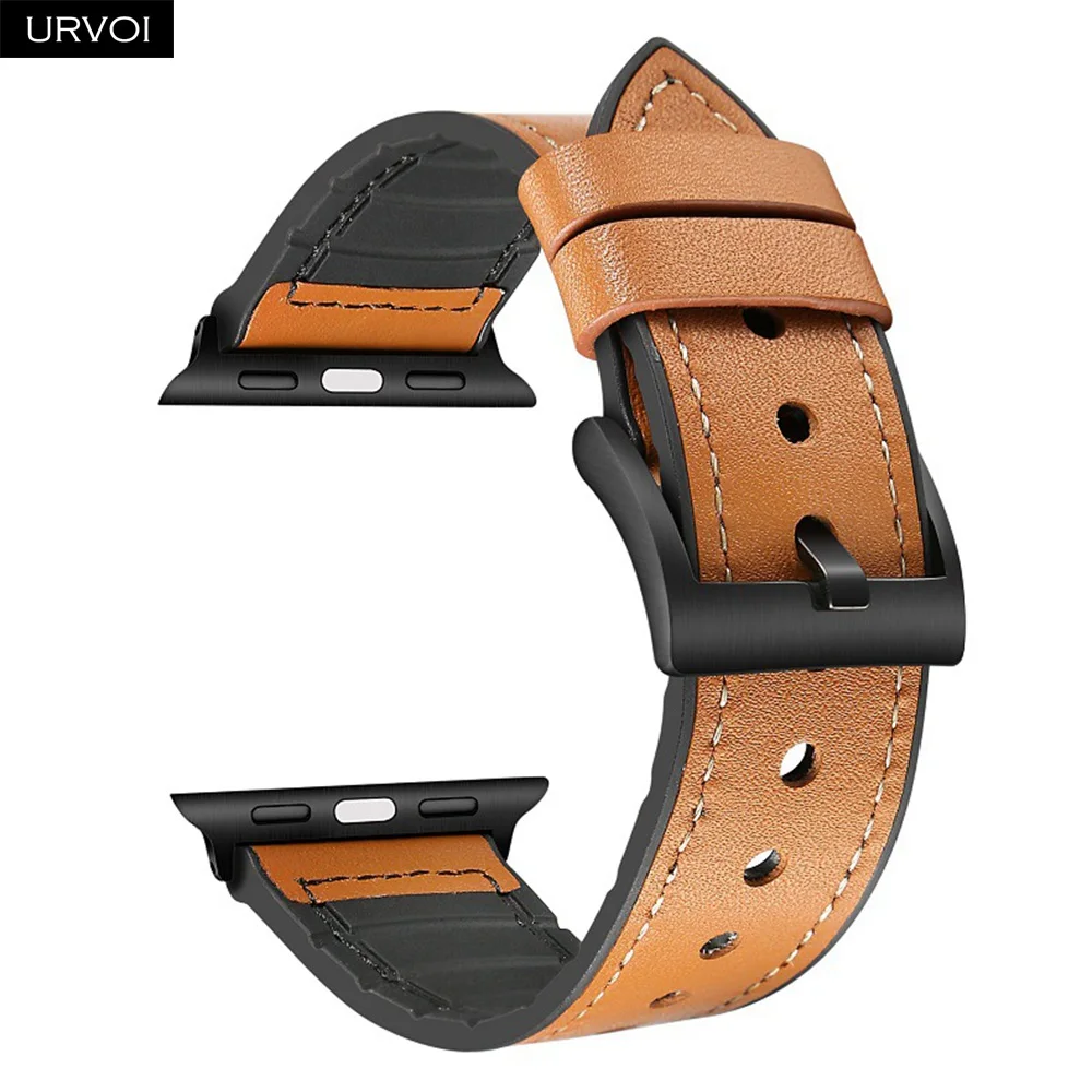 Ремешок URVOI для apple watch series 4 3 2 1 кожаный силиконовый ремешок iwatch дышащая черная
