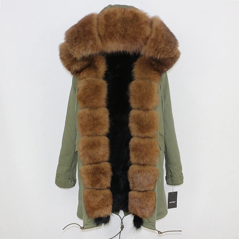 green brown OFTBUY, пальто с натуральным мехом, зимняя куртка, Женская парка, натуральный Лисий мех, уличная одежда, Толстая теплая съемная верхняя одежда, длинные парки, новинка - Цвет: green brown