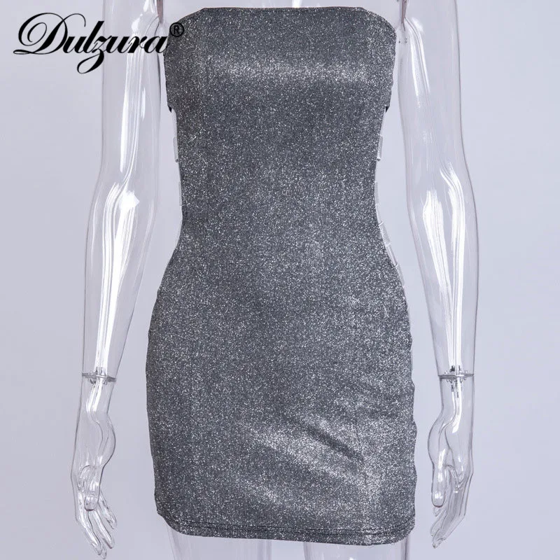 Dulzura 2019 Весна Лето Женское платье Блестящий искристый vestidos сексуальная открытая