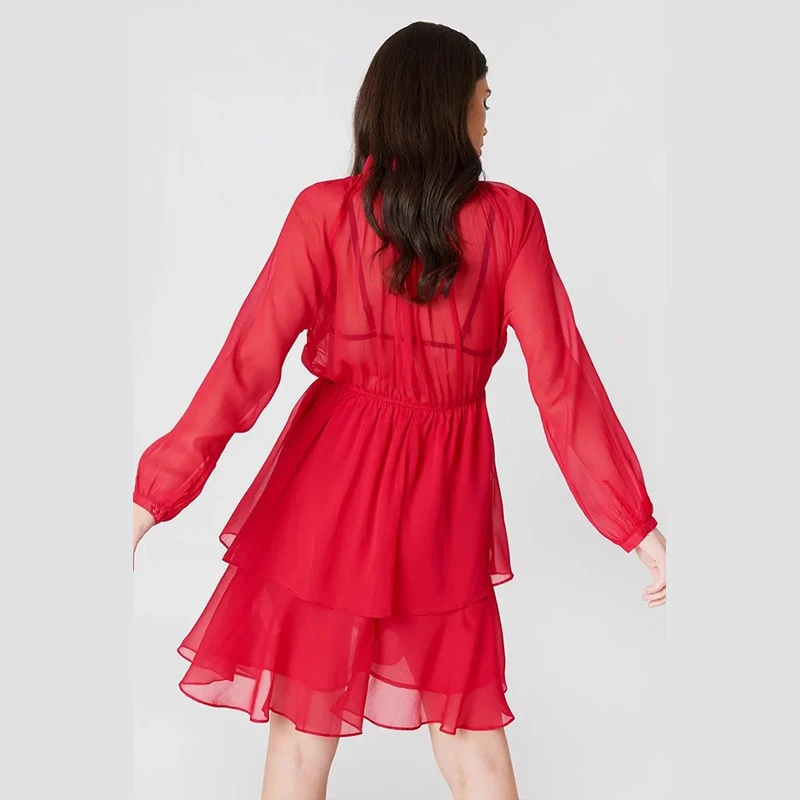 2019 New summer Fashion Sexy Ladies Cascading Ruffle Chiffon Dresses Office Loose Long Sleeve Knee Length Elegant Dress | Женская одежда