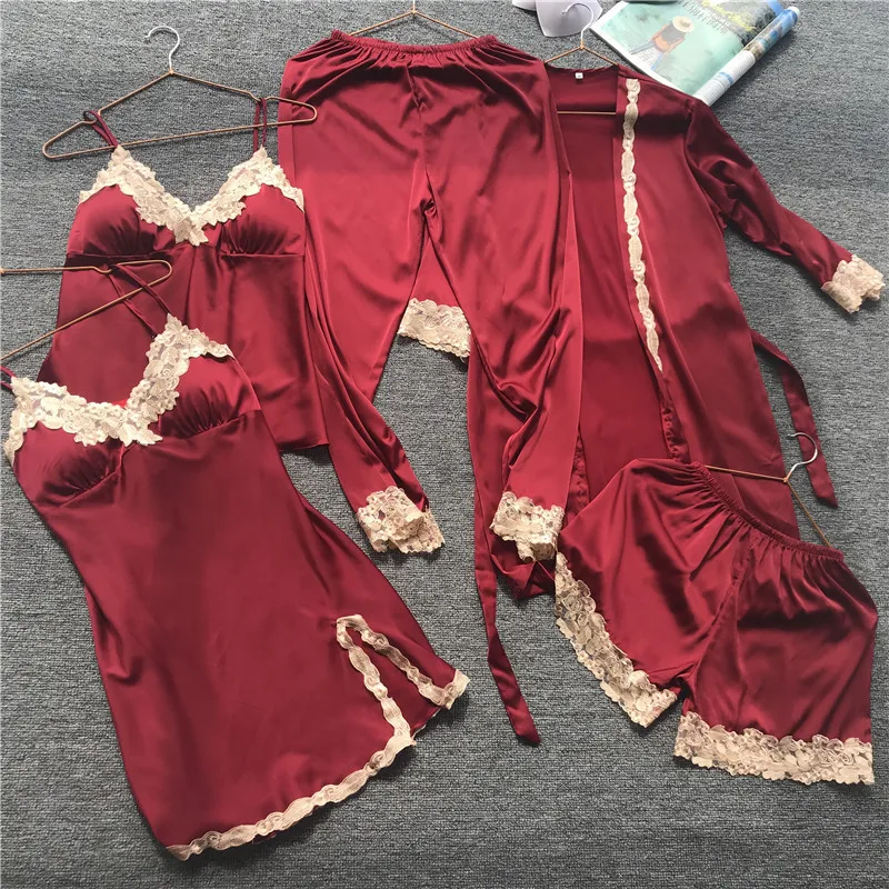 

Fdfklak Summer Sleeping Clothes Sleepwear 2018 Faux Silk Pijama Sexy Lingerie Femme Wine Red 5 Pieces Pajama Set Tracksuit Q1130
