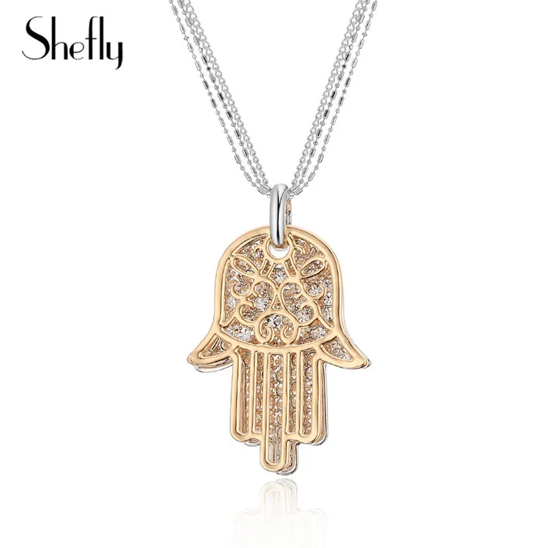 

Hamsa Pendants Necklaces For Women 2020 Luxury Sweater Chain Gold Luck Big God Hand Fatima Palm Statement Long Necklace