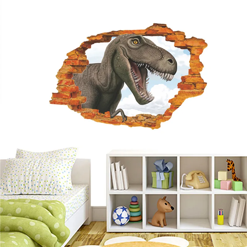 

3d Vivid Dinosaur Broken Hole Wall Stickers For Kids Room Bedroom Home Decoration Creative Jurrasic Animal Mural Art Diy Decals