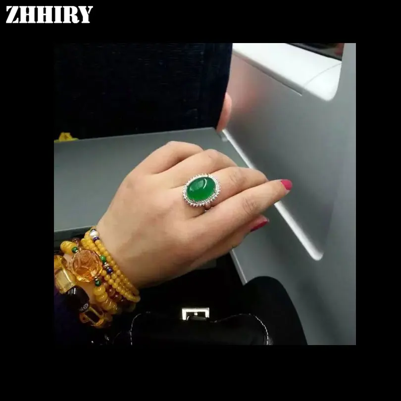 ZHHIRY Настоящее натуральное зеленое халцедоновое кольцо подлинное твердое 925 пробы серебро для женщин драгоценные камни кольца большой камень хорошее ювелирное изделие