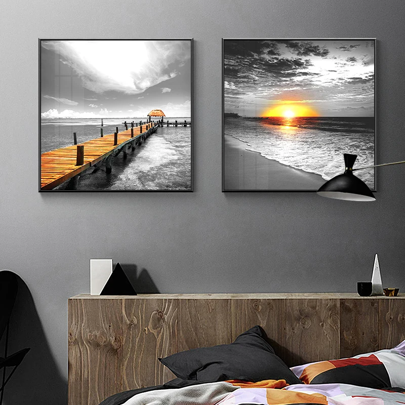 

Nordic Art Print Seascape Ocean Bridge Sunrise Bicycle Black and White Printed Painting Modern Home Decor Abstract landscape
