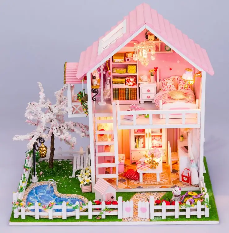 Игрушки и Хобби Ассамблея DIY Деревянный Кукольный Домик Романтический Сакура