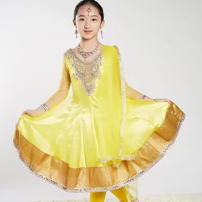 B Sarees India Traditional Children Costume Ethnic Style Girl Performance Dance Suits dress+pants+scarf - Цвет: B