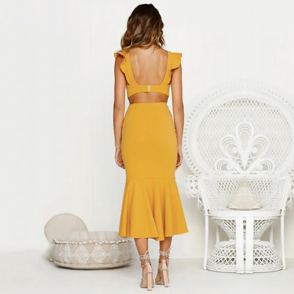 Женское Клубное платье без рукавов Fishtail желтое красное миди с рюшами и бабочками