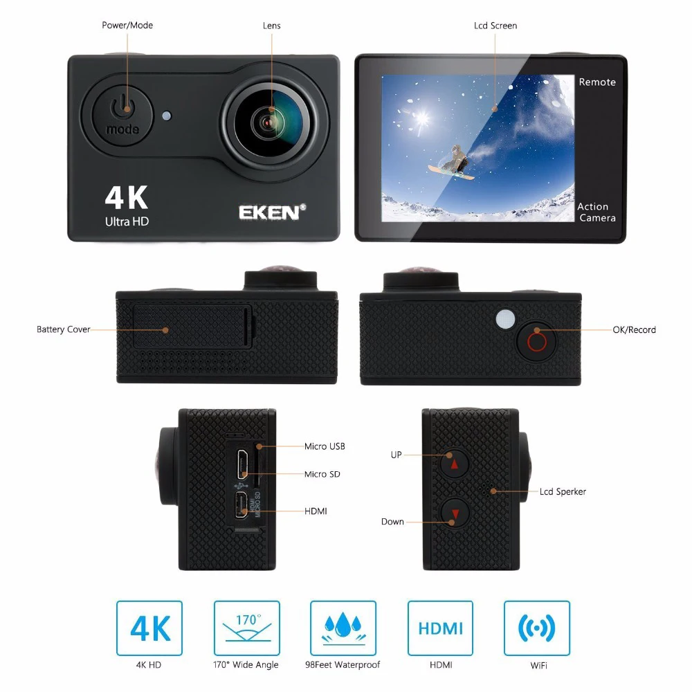 Оригинальная Спортивная камера eken H9 H9R Ultra HD 4K@ 25fps 170 градусов WiFi 2," Подводный Водонепроницаемый шлем камера Экшн-камера