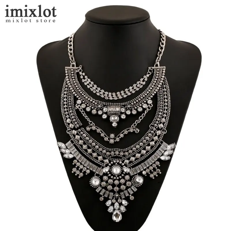 Boho Vintage Necklace for Women Antique Silver Crystal Tassel Statement Necklaces &amp Pendants Bohemian Maxi Jewelry | Украшения и