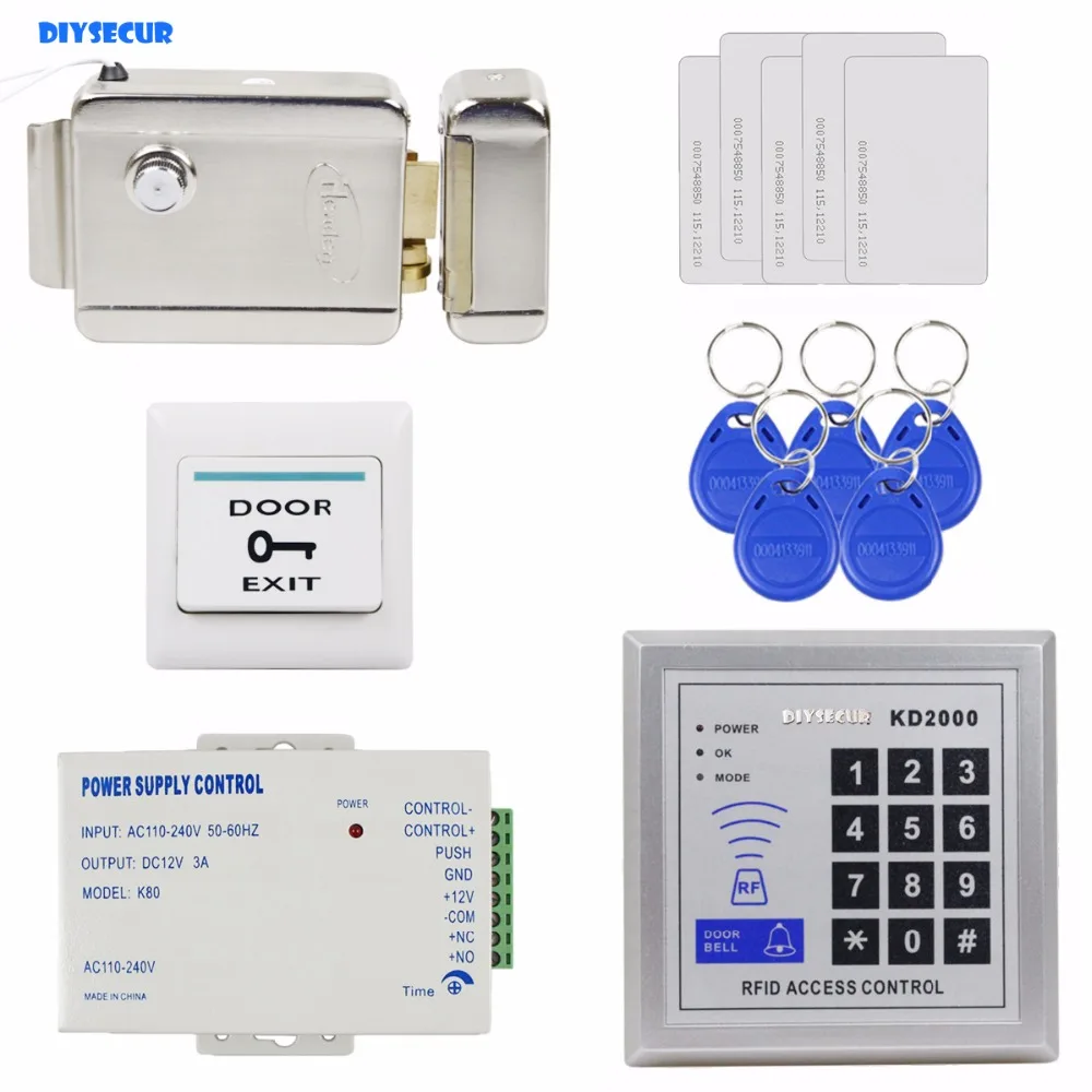 Система контроля доступа DIYSECUR RFID 125 кГц + Электрический замок кнопка выхода KD2000 |
