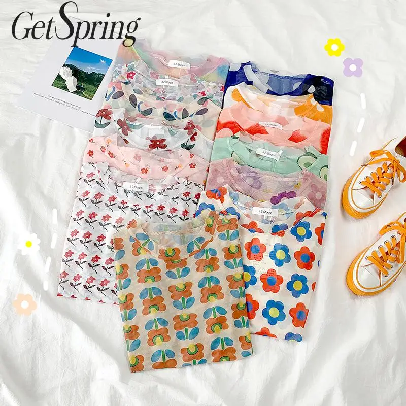Женская футболка GETSPRING длинный рукав сетчатая ткань с принтом осень женские топы