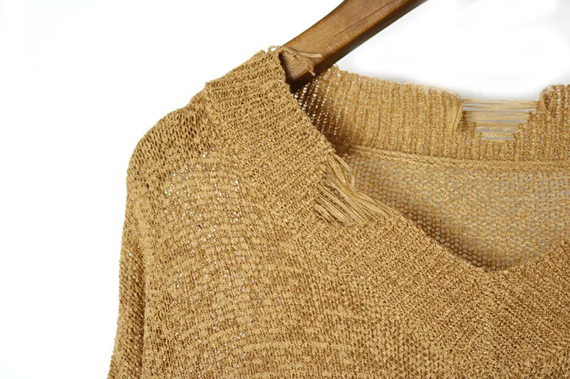 Women's Loose Hole Sweater Hollow out Asymetric Hem Knitted V neck Long Sleeve Thin Tops | Женская одежда