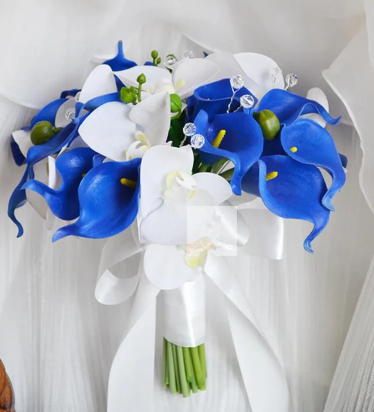Royal Blue Calla JaneVini Королевский Синий Розовый Свадебный букет водопад Кристалл Искусственные цветы белый свадебный жемчужный букет невесты Флер Mariage - Цвет: Royal Blue Calla